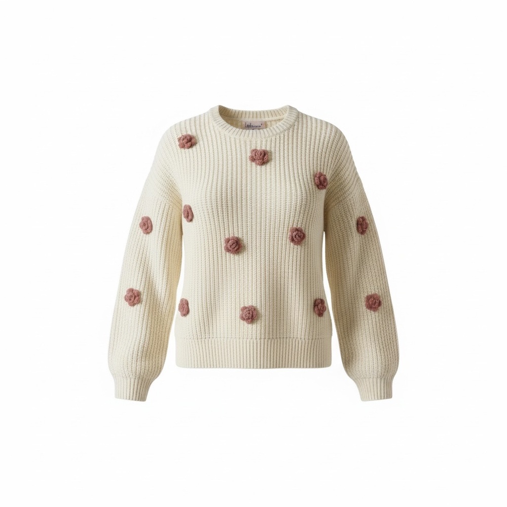 Elegant Cream Sweater with Pink Floral Accents